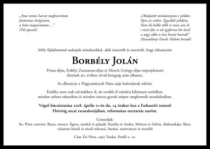 Borbély Jolán - gyászjelentés