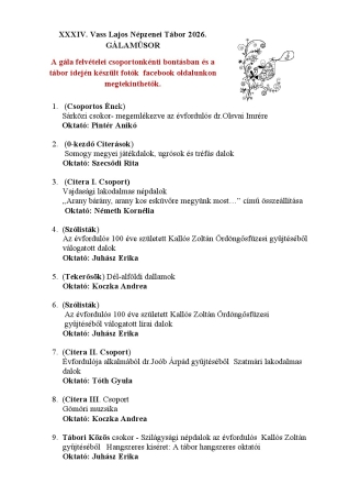 XXXIV. Vass Lajos Népzenei Tábor 2026
